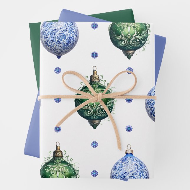 Blaue und grüne Weihnachtsschmuck & Matching Geschenkpapier Set (Beispiel)