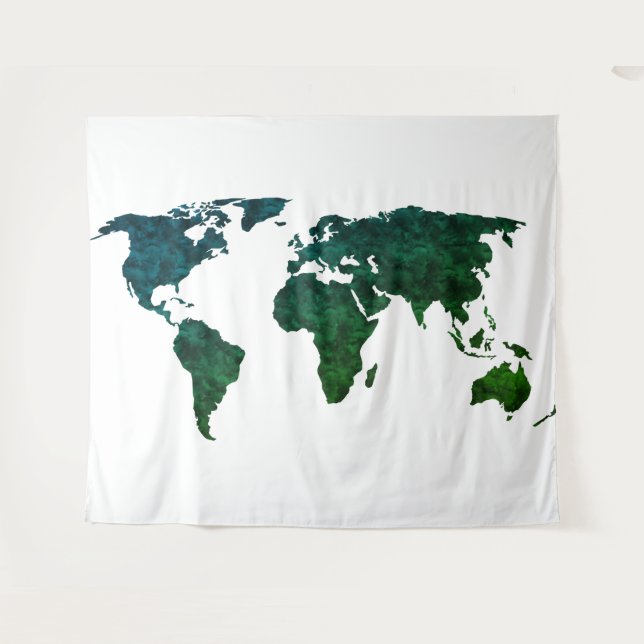  Blaue und grüne Weltkarte für Weiß Wandteppich (Vorderseite (Horizontal))