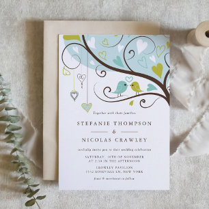 Blaue und grüne Whimsical Lovebirds Hochzeiten Einladung