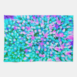 Blaue und heißrosa Sukkulenten-Sedum-Blumen Detail Geschirrtuch