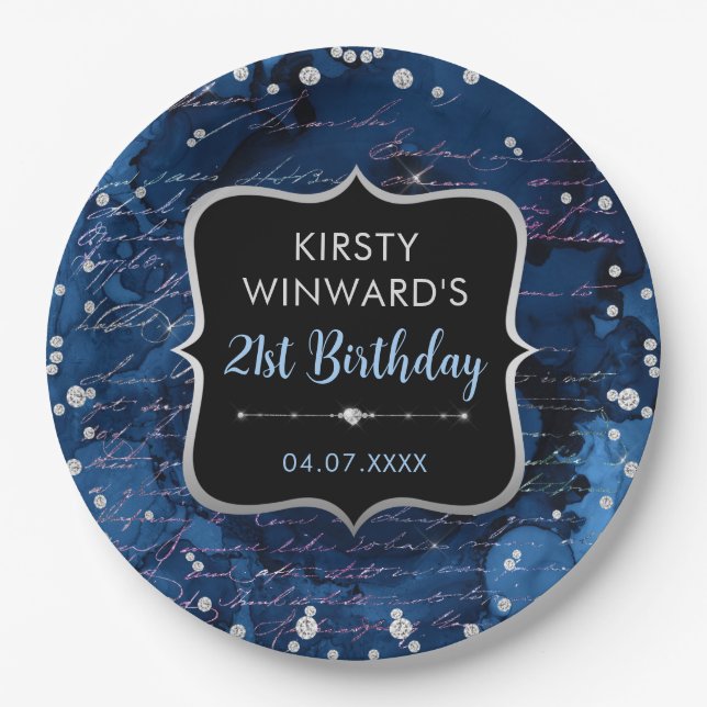 Blaue und irrisierende Glitzer Geburtstag Pappteller (Vorderseite)