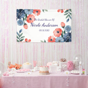 Blaue und korallenrote Aquarell-Blumenstrauß-Braut Banner