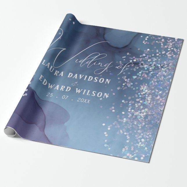 Blaue und lila Alkoholfarbe mit mystischer Glitzer Geschenkpapier (Ungerollt)