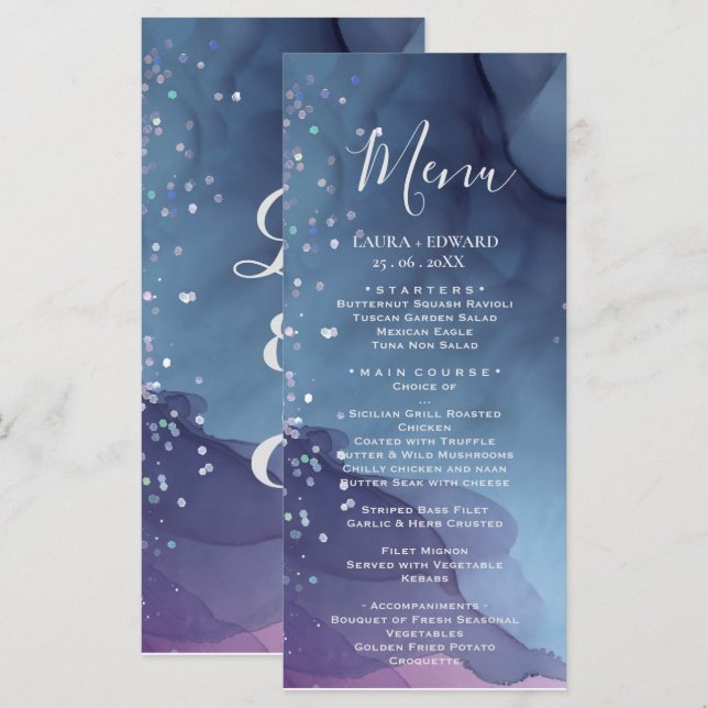 Blaue und lila Alkoholfarbe mit mystischer Glitzer Menükarte (Vorne/Hinten)