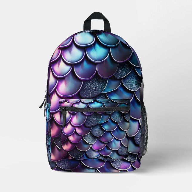 Blaue und Lila Gradient Dragon Scales Bedruckter Rucksack (Vorderseite)