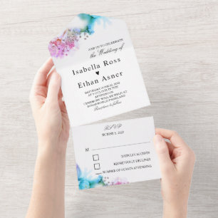 Blaue und lila Hochzeitseinladungen All In One Einladung