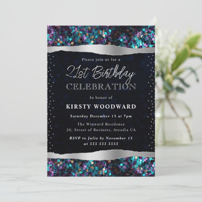 Blaue und Lila Mermaid Sequins 21. Geburtstag Einladung (Stehend Vorderseite)