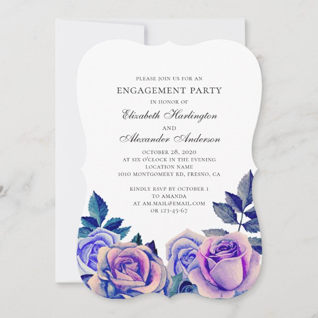Blaue und lila Rose Engagement Partei. Floral Einladung (Vorderseite)