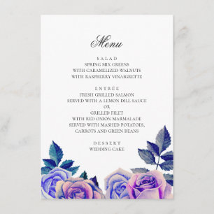 Blaue und lila Rose. Hochzeit mit Blumen Menükarte