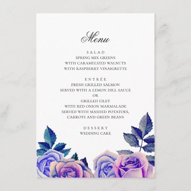 Blaue und lila Rose. Hochzeit mit Blumen Menükarte (Vorderseite)