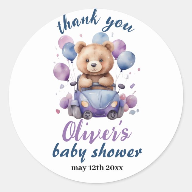 Blaue und lila Teddybärenballons Babydusche Runder Aufkleber (Vorderseite)