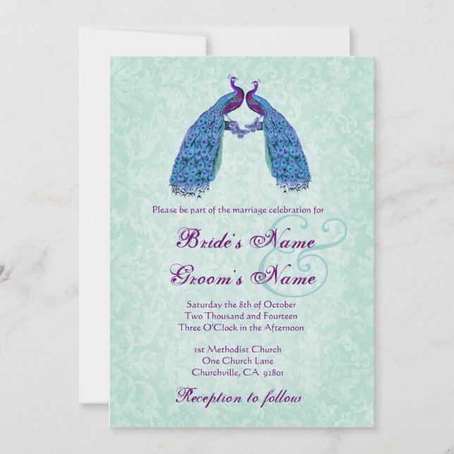 Blaue und lila Wedding Lovebird-Pfaus Einladung (Vorderseite)