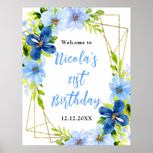 Blaue und Marineblaue Blumen Geburtstagsbegrüßung Poster