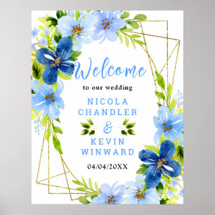 Blaue und marineblaue Blumen Hochzeits-Willkommens Poster
