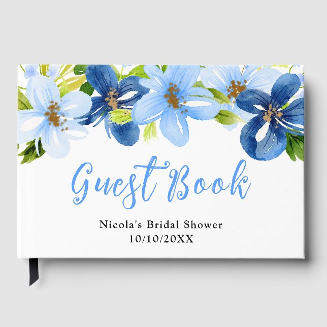 Blaue und marineblaue Blumen mit Laub Hochzeitsdus Gästebuch (Vorderseite)