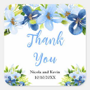 Blaue und marineblaue Blumen mit Laub Quadratischer Aufkleber