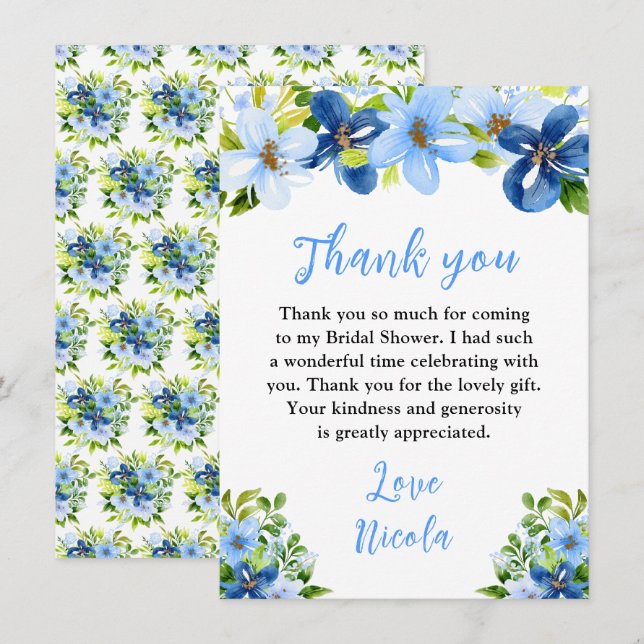 Blaue und marineblaue Blumen mit Laubwerk-Brautjun Dankeskarte (Vorne/Hinten)
