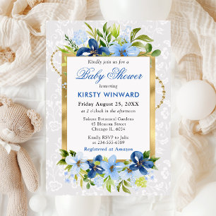 Blaue und marineblaue Sommerblumen Goldene Babypar Einladung