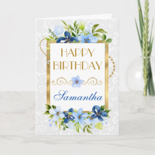 Blaue und marineblaue Sommerblumen Goldfolie Gebur Karte