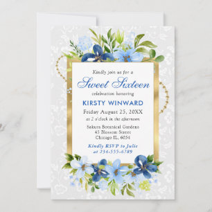 Blaue und marineblaue Sommerblumen Goldfolie Sweet Einladung