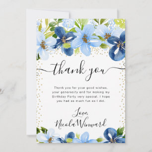 Blaue und marineblaue Wasserfarben-Blumen-Geburtst Dankeskarte