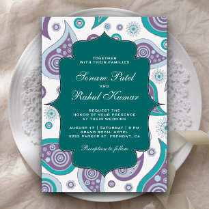 Blaue und Mauve Paisley-Muster Indische Hochzeit Einladung