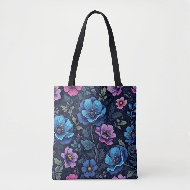 Blaue und mauvefarbene Blüten Tasche (Vorderseite)