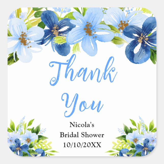 Blaue und Navy-Blumen Brautparty Dankeschön Quadratischer Aufkleber (Vorderseite)