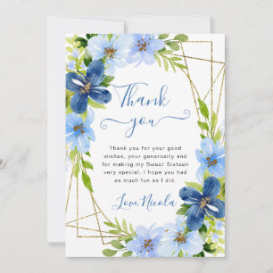 Blaue und Navy Blumen Goldrahmen Sweet 16 Dankeskarte
