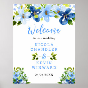Blaue und Navy-Blumen Hochzeits-Willkommensschild Poster