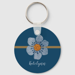 Blaue und orange Blumen-personalisierter Schlüsselanhänger
