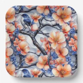 Blaue und orange Flora- und Fauna-Szene Pappteller
