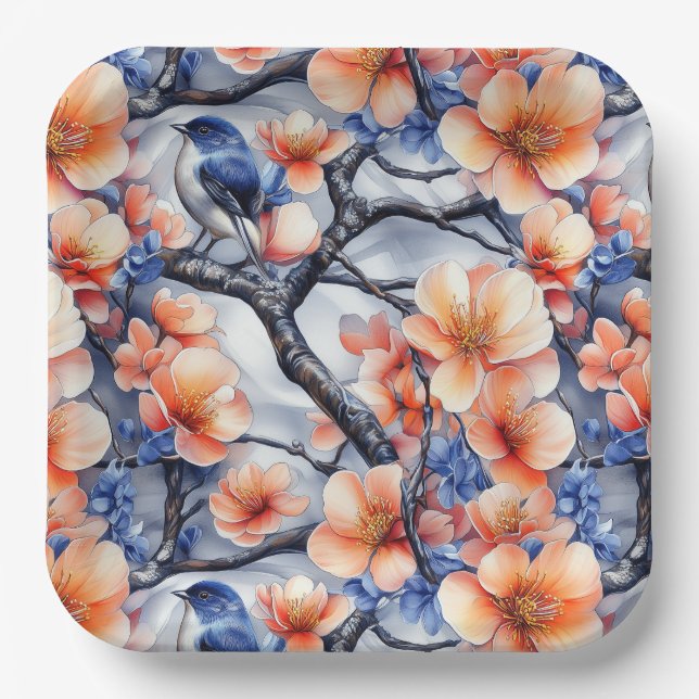 Blaue und orange Flora- und Fauna-Szene Pappteller (Vorderseite)