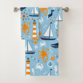 Blaue und orange Nautische Muster II Kinder Badhandtuch Set