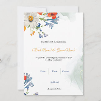 Blaue und orange Wasserfarben-Blumenhochzeits-Einl Einladung