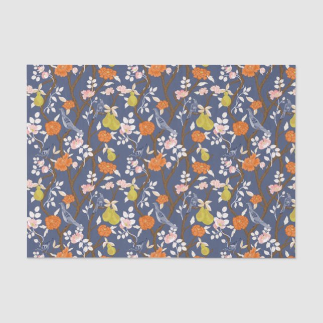 Blaue und orangefarbene Chinoiserie Vögel Seidenpapier (Vorderseite)