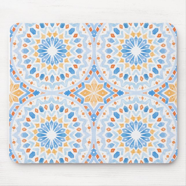 Blaue und orangefarbene Kacheln Mousepad (Vorne)