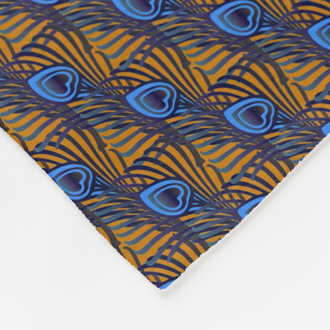Blaue und orangefarbene Pfauenfedermuster Fleecedecke (Ecke)