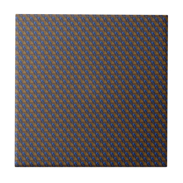 Blaue und orangefarbene Pfauenfedermuster Fliese (Vorderseite)