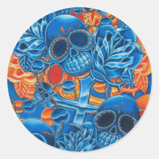Blaue und orangefarbene Skulls Runder Aufkleber