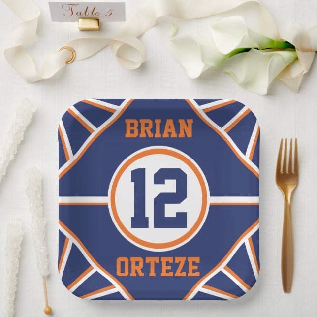 Blaue und orangefarbene Sportfolien Pappteller (Hochzeit)