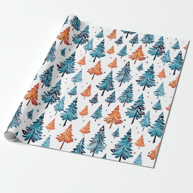 Blaue und orangefarbene Weihnachtsbaumen Geschenkpapier (Ungerollt)