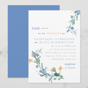 Blaue und orangefarbene Wildblumen bunte Hochzeits Einladung