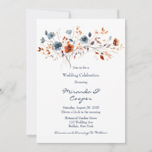 Blaue und orangefarbene Wildblumen Hochzeit Einladung
