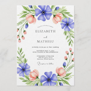 Blaue und pfirsichfarbene Blumenzauber-Hochzeit Einladung