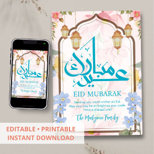 Blaue und rosa Aquarell-Blumen-Eid-Mubarak-Karte Feiertagskarte