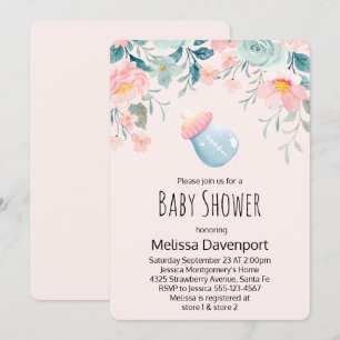 Blaue und rosa Babyflasche mit Blumen-Baby-Party Einladung