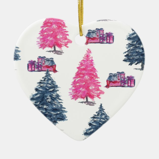 Blaue und rosa Bäume und Geschenke Keramik Ornament (Vorne)