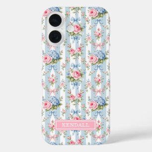 Blaue und rosa Blumen und Bows gestreift iPhone 16 Hülle