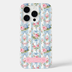Blaue und rosa Blumen und Bows gestreift iPhone 16 Pro Hülle